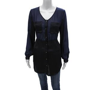 Ark & Co Womens Blue Colorblock VNeck Long Sleeve Tunic Blouse Polyester Size S